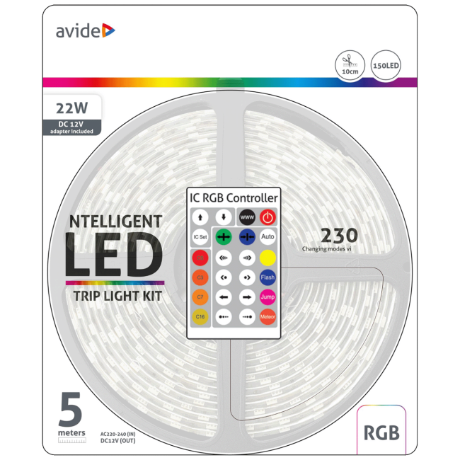 Avide LED traka sa daljinskim upravljačem,RGB,22W,12V,5 met.,IP65 - ABLSBL12V5050-30RGB-IC65