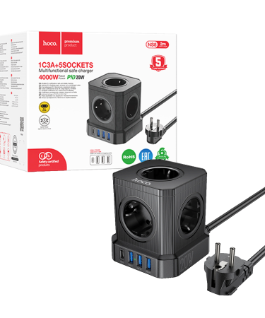 hoco. Produžni kabl, 5 utičnica, 3 x USB, 1 x USB C PD20W, 2 met. - NS8 Sharp