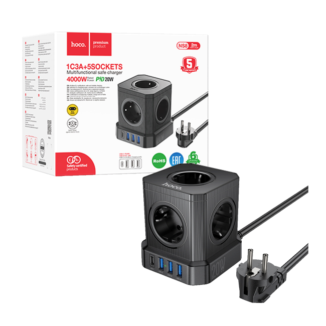 hoco. Produžni kabl, 5 utičnica, 3 x USB, 1 x USB C PD20W, 2 met. - NS8 Sharp