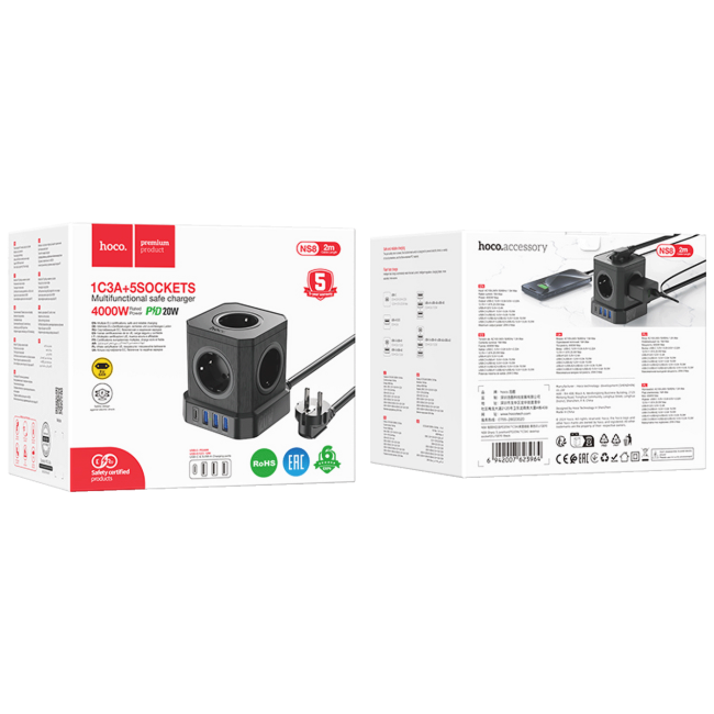 hoco. Produžni kabl, 5 utičnica, 3 x USB, 1 x USB C PD20W, 2 met. - NS8 Sharp - Image 7