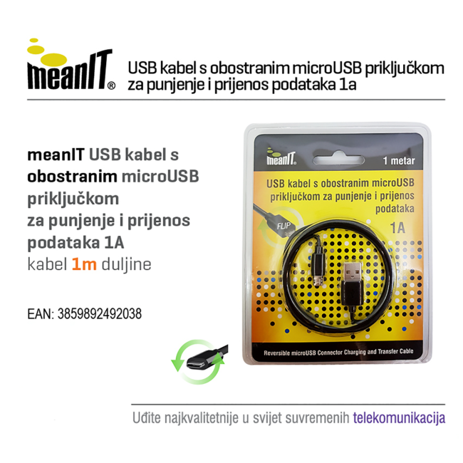 MeanIT USB A na USB micro kabl, FLIP, dužina 1.0 metar - USB / micro USB - 1m - Image 2
