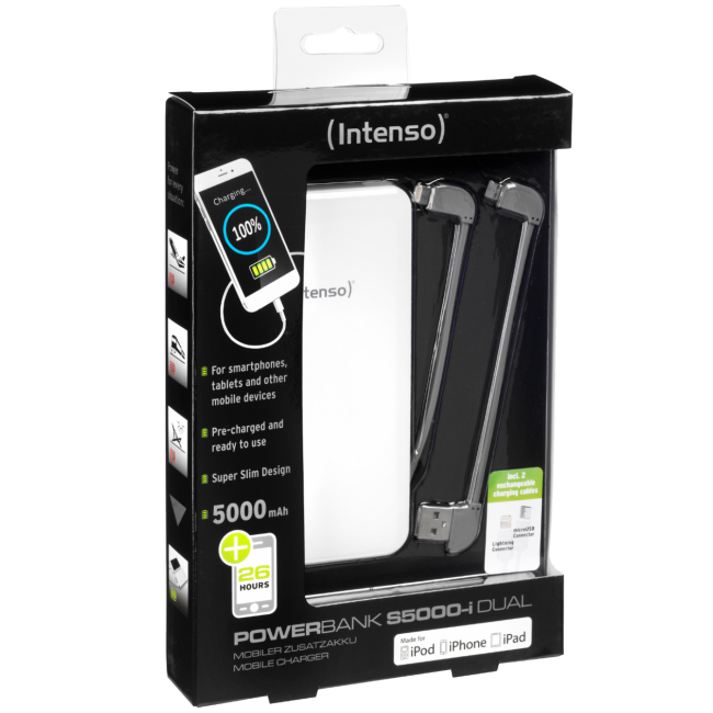 (Intenso) Punjač prijenosni za mobitele i tablete, iPhone, 5000mAh - POWERBANK slim iDUAL 5000 White