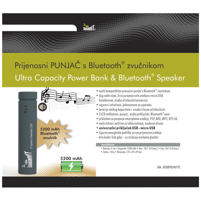 MeanIT Punjač prijenosni za mobitele +  BT zvučnik, 5200mAh - PPS6 - Image 2