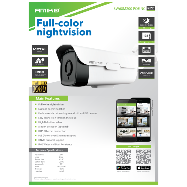 Amiko Home Kamera IP, 2MP, Color Night, SD utor, 6mm, IP66 - BW60M200 POE NC - Image 2