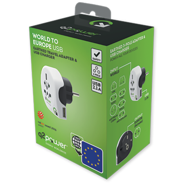 q2power Adapter, putni, univerzalni sa USB-om - WORLD TO EUROPE USB - Image 2