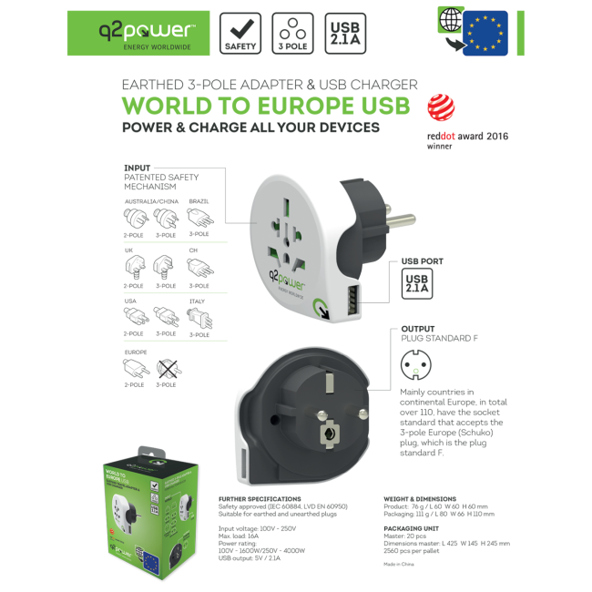 q2power Adapter, putni, univerzalni sa USB-om - WORLD TO EUROPE USB - Image 4