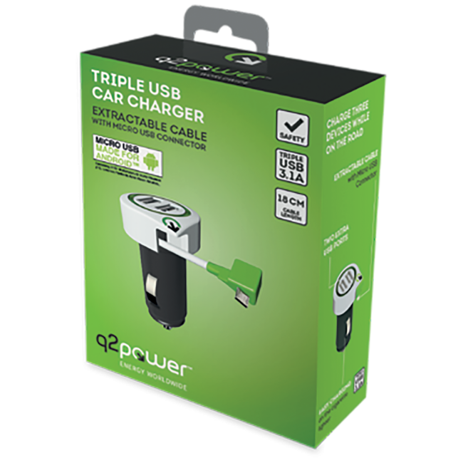 q2power Auto punjač, Dual USB, 3.1A, microUSB - TRIPLE USB CAR CHARGER M - Image 2
