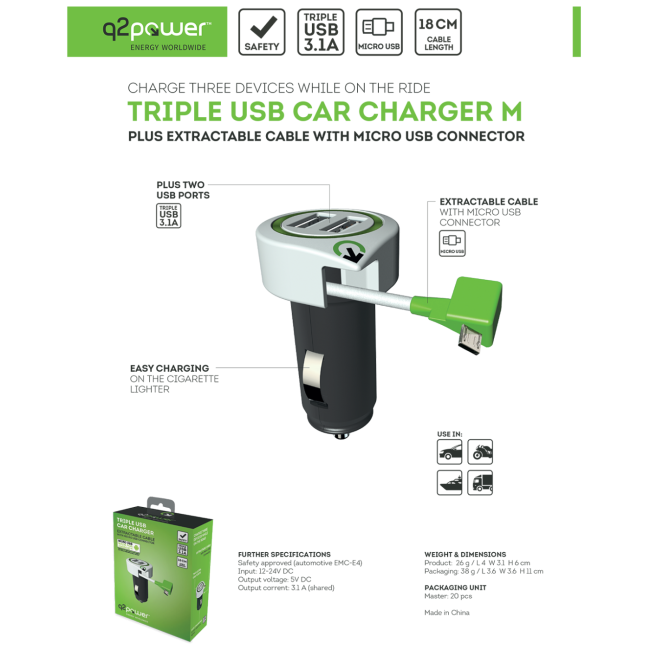 q2power Auto punjač, Dual USB, 3.1A, microUSB - TRIPLE USB CAR CHARGER M - Image 3