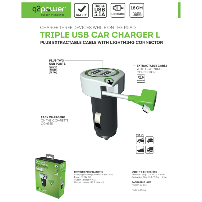 q2power Auto punjač, Dual USB, 3.1A, lightning konektor - TRIPLE USB CAR CHARGER L - Image 3