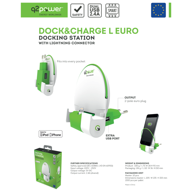 q2power Docking station sa Lightning konektorom - DOCK&CHARGE L EURO - Image 4