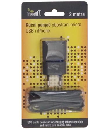MeanIT Punjač kućni za smartphone I iPhone, 2 met - PUNJAČ KUĆNI ZA SMARTPHONE I IPHONE