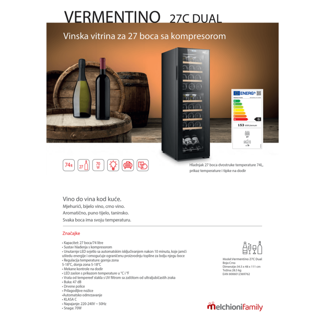 MELCHIONI family Rashladna vinska vitrina, zapremina 74 lit - VERMENTINO 27 C DUAL - Image 2