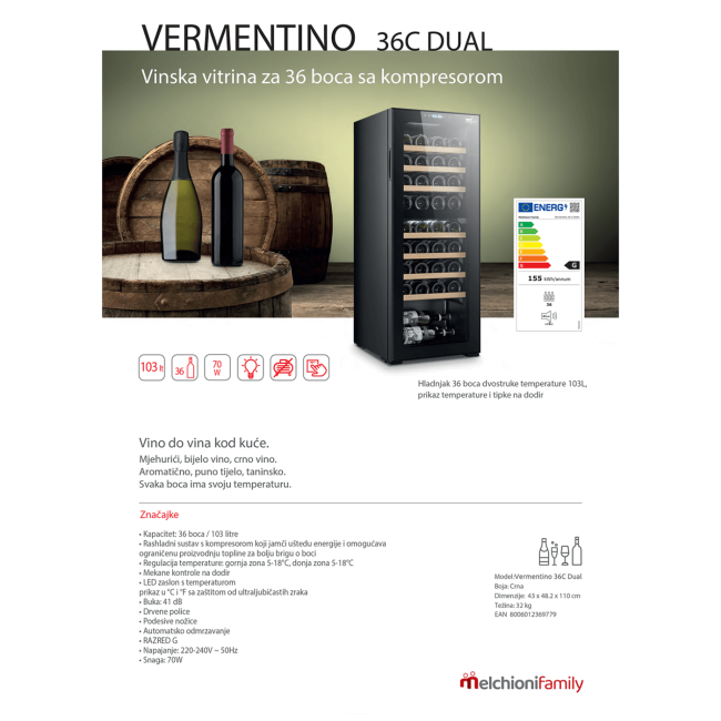 MELCHIONI family Rashladna vinska vitrina, zapremina 103 lit - VERMENTINO 36 C DUAL - Image 2