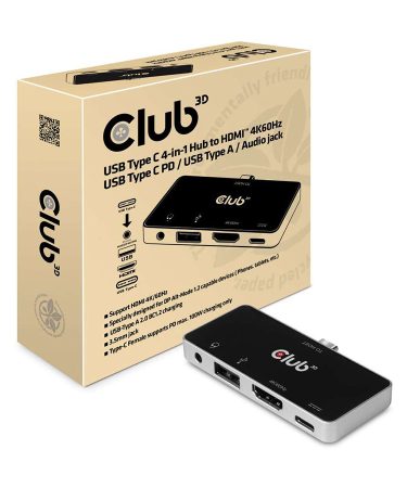 Mini docking station Club 3D USB TYPE C 3.1 GEN 1 TO HDMI 2.0B + 1 USB 2.0 TYPE A + USB C CHARGE UP TO 100W + 1 COMBO AUDIO JACK FEMALE CSV-1591