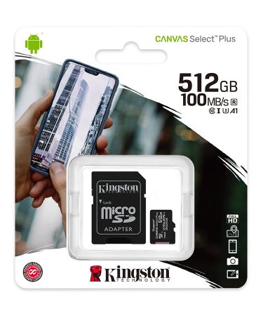 Micro SD card Kingston 512 GB SDHC  SDCS2/512GB  Class10 Canvas Select Plus SD adapter;100MBs Read,Class 10 UHS-I