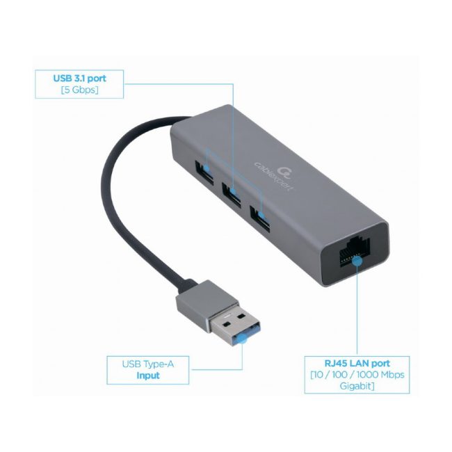USB hub + GLAN Ethernet adapter 10/100/1000 USB A plug/RJ45, GEMBIRD A-AMU3-LAN-01 - Image 2