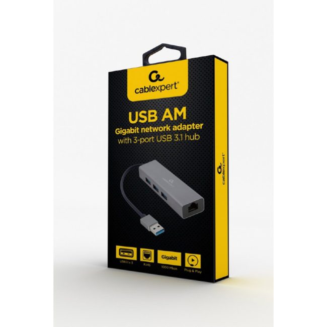 USB hub + GLAN Ethernet adapter 10/100/1000 USB A plug/RJ45, GEMBIRD A-AMU3-LAN-01 - Image 3