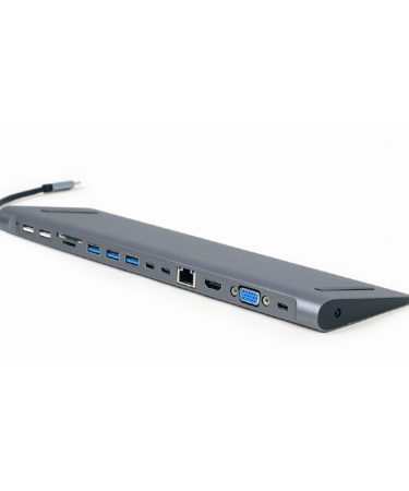 Docking station USB adapter Type-C 9-in-1 multi-port adapter, USB hub + HDMI + VGA + PD + card reader + LAN + audio, space grey GEMBIRD A-CM-COMBO9-01