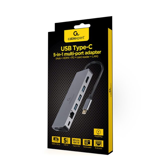 Docking station USB adapter Type-C 5-in-1 multi-port adapter Hub + HDMI + PD + card reader + LAN, A-CM-COMBO5-05 - Image 5