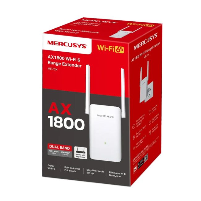 Mercusys ME70X AX1800 Wi-Fi Range Extender, 574 Mbps at 2.4 GHz + 1201 Mbps at 5 GHz, 2× Fixed External Antennas, 1 × Gigabit Port, Wall Plugged, 1024 - Image 3