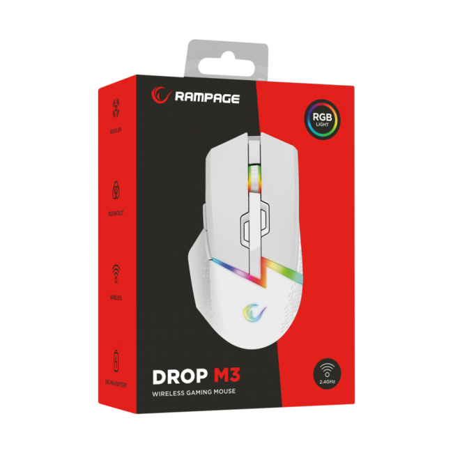 Miš gaming RAMPAGE DROP M3, white, RGB, wireless, 10000dpi - Image 8