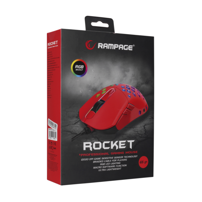 Miš gaming RAMPAGE SMX-R66 ROCKET Ultra Light Red RGB LED 12000dpi - Image 8