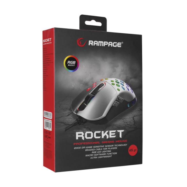 Miš gaming RAMPAGE SMX-R66 ROCKET Ultra Light silver, RGB LED, 12000dpi - Image 8