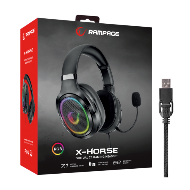 Slušalice sa mikrofonom gaming RAMPAGE RX6 X-HORSE black PC/PS4, USB, RGB LED, 7.1, odvojiv mikrofon - Image 8