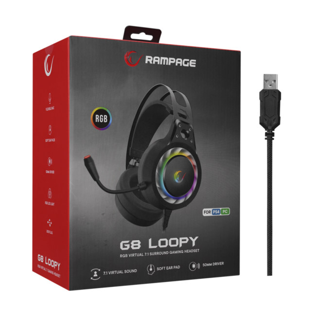 Slušalice sa mikrofonom gaming RAMPAGE G8 LOOPY, PC/PS4/PS5, USB, 7.1, RGB LED, fleksibilni mikrofon - Image 7