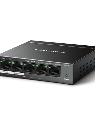 SWITCH Mercusys MS105GP 5-portni gigabitni stoni prekidač sa 4-porta PoE+, 4×Gigabit PoE+ porta, 1×Gigabitni port bez PoE, 65 W PoE napajanje, stolno
