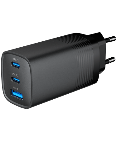USB punjač 2xType-C + 1xUSB-A fast charger, 65W PD, back GEMBIRD, TA-UC-PDQC65-01-BK