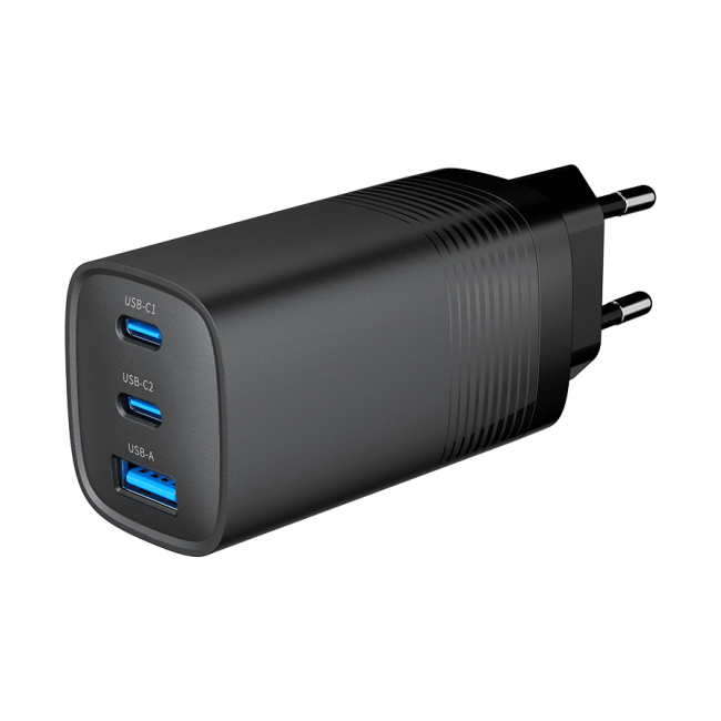 USB punjač 2xType-C + 1xUSB-A fast charger, 65W PD, back GEMBIRD, TA-UC-PDQC65-01-BK