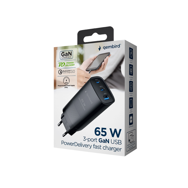 USB punjač 2xType-C + 1xUSB-A fast charger, 65W PD, back GEMBIRD, TA-UC-PDQC65-01-BK - Image 5
