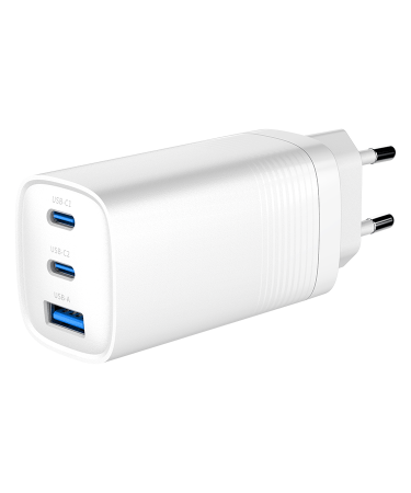 USB punjač 2xType-C + 1xUSB-A fast charger, 65W PD, white GEMBIRD, TA-UC-PDQC65-01-W