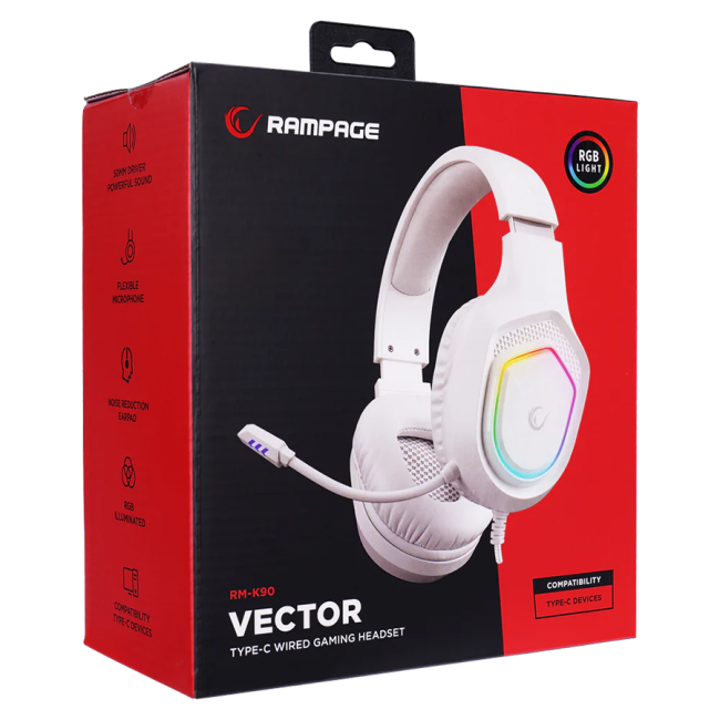 Slušalice sa mikrofonom gaming RAMPAGE RM-K90 VECTOR white, RGB LED, Type-C - Image 7