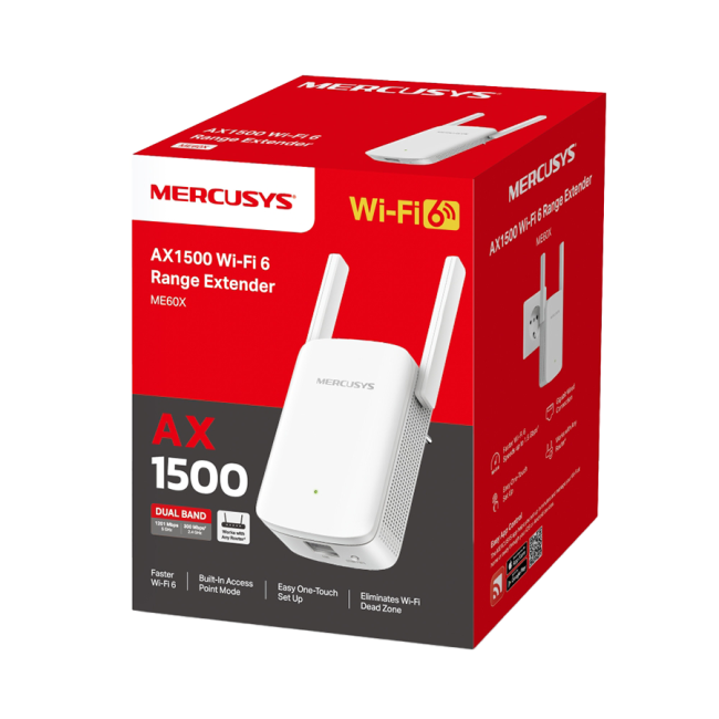 MERCUSYS ME60X AX1500 Wi-Fi Range Extender, 2.4 GHz + 5 GHz, 2×Fixed External Antennas, 1×G Port, Wall Plugged - Image 3
