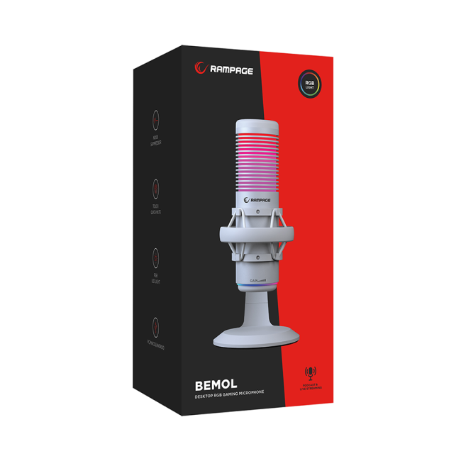 Mikrofon gaming RAMPAGE BEMOL RGB White Microphone with Shock Mount and Pop Filter for Gaming, Streaming, Podcasts, 41148 - Image 9