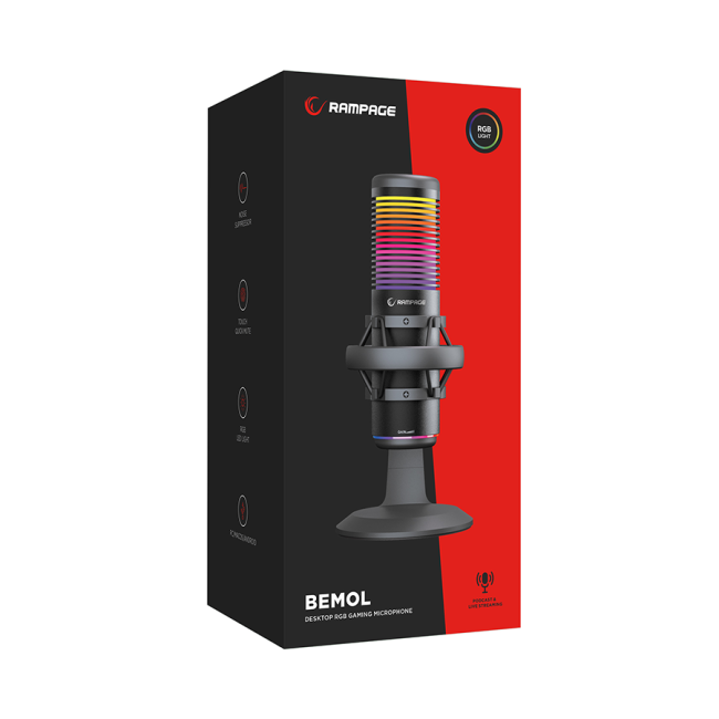 Mikrofon gaming RAMPAGE Bemol RGB Black Microphone with Shock Mount and Pop Filter for Gaming, Streaming, Podcasts, 41147 - Image 9