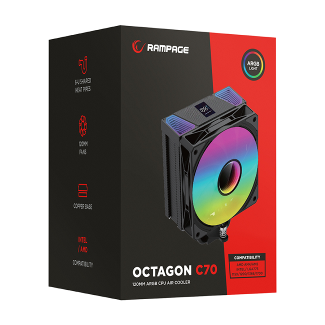 CPU hladnjak RAMPAGE OCTAGON C70 White 63CFM 12cm ARGB Temperature Display AM5/LGA1700 Compatible Air Cooled CPU Fan 41403 - Image 5