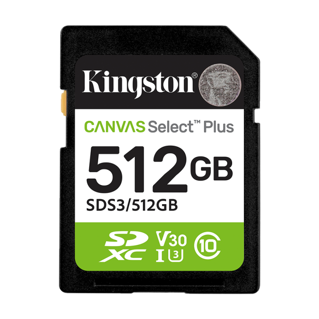 Micro SD card Kingston 512 GB SDCS3/512GB  Class10 Canvas Select Plus SD adapter;100MBs Read,Class 10 UHS-I