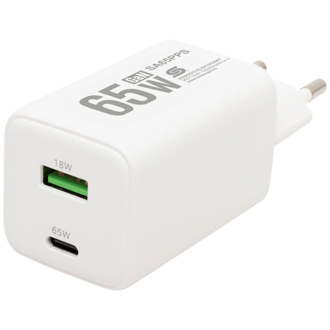 home Punjač kučni, brzi, 1 x USB-A, 1 x UCB-C, 65W, GaN - SA65PPS