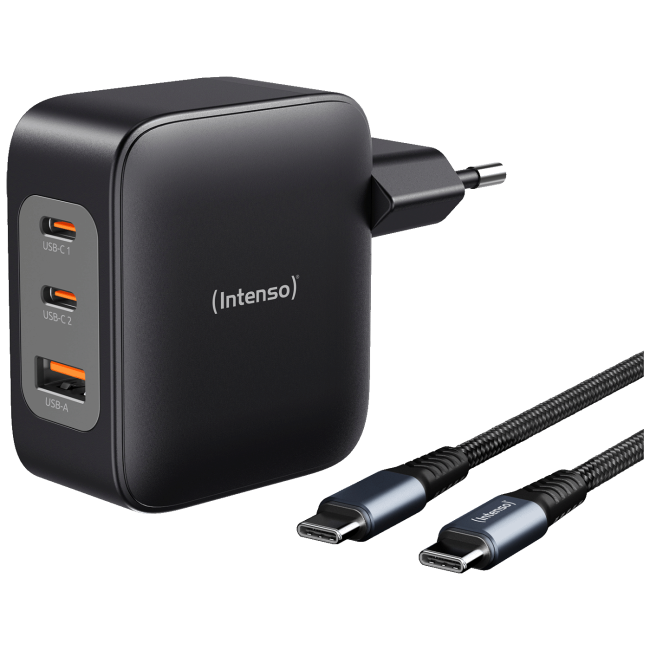 (Intenso) Punjač kučni sa type C kabelom, brzi, 1xUSB-A, 2xUCB-C, 100W - Adapter W100ACC GaN + C520C Cable