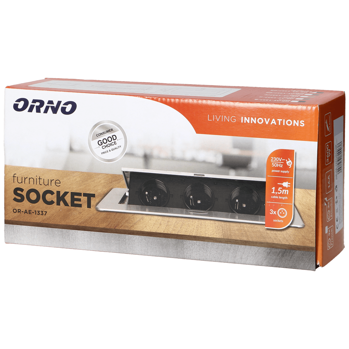 Orno Produžni kabel sa 3 x Schuko utičnice, ugradbena - OR-AE-1337(GS)/GR - Image 2