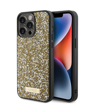 ORIGINALNA FUTROLA GUESS RHINESTONE METAL LOGO HARDCASE GUHCP15LPFGSBSD ZA IPHONE 15 PRO ŽUTA