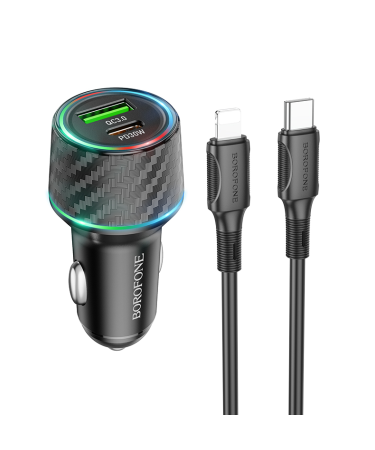 Auto Punjač sa kablom 1m Type-C to iPhone/lightning BOROFONE BZ21 Brilliant 48W dual port PD30W+QC3.0 USB + Type-C car set black