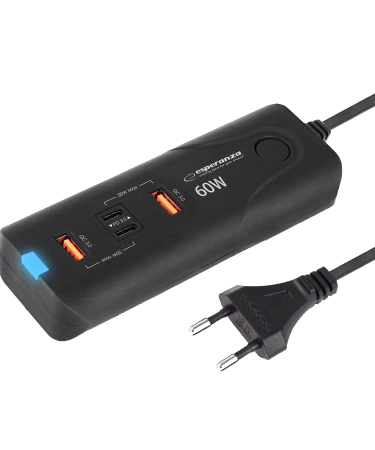 USB punjač 2xType-C + 2xUSB-A, ESPERANZA  QUICK POWER CHARGER 60W 2x USB-C PD 30W / 2x USB-A QC 3.0 18W, EZC109