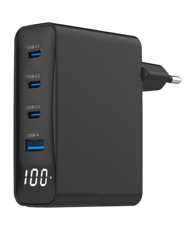 USB punjač 3xType-C + USB-A , 4-port 100W GaN USB fast charger, LCD, black, GEMBIRD, TA-UC-PDQC100LCD-01-BK