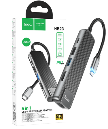hoco. Konverter USB HUB type C to USB3.0/USB2.0/HDMI/RJ45/PD - HB23 Easy view