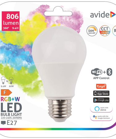 Avide Pametna sijalica, LED 9.4W, E27, RGB+W, WiFi, Bluetooth - Smart LED Globe A60 9.4W WiFi