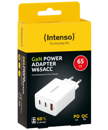 (Intenso) Punjač kučni, brzi, 1 x USB-A, 2 x UCB-C, 3A, 65W - Power Adapter W65ACC GaN